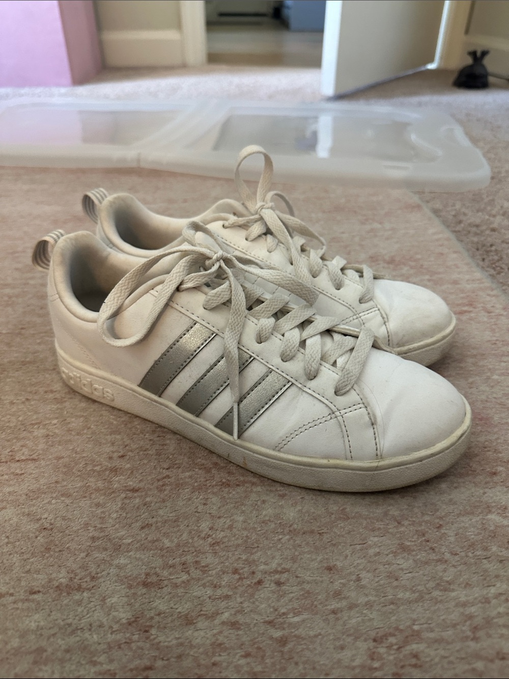 Adidas Women’s White Leather Casual Sneakers with Silver Stripes